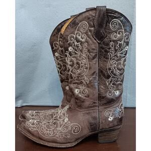 Corral Teens Western Cowboy Boots Brown Distressed Leather Embroidered Size 5T